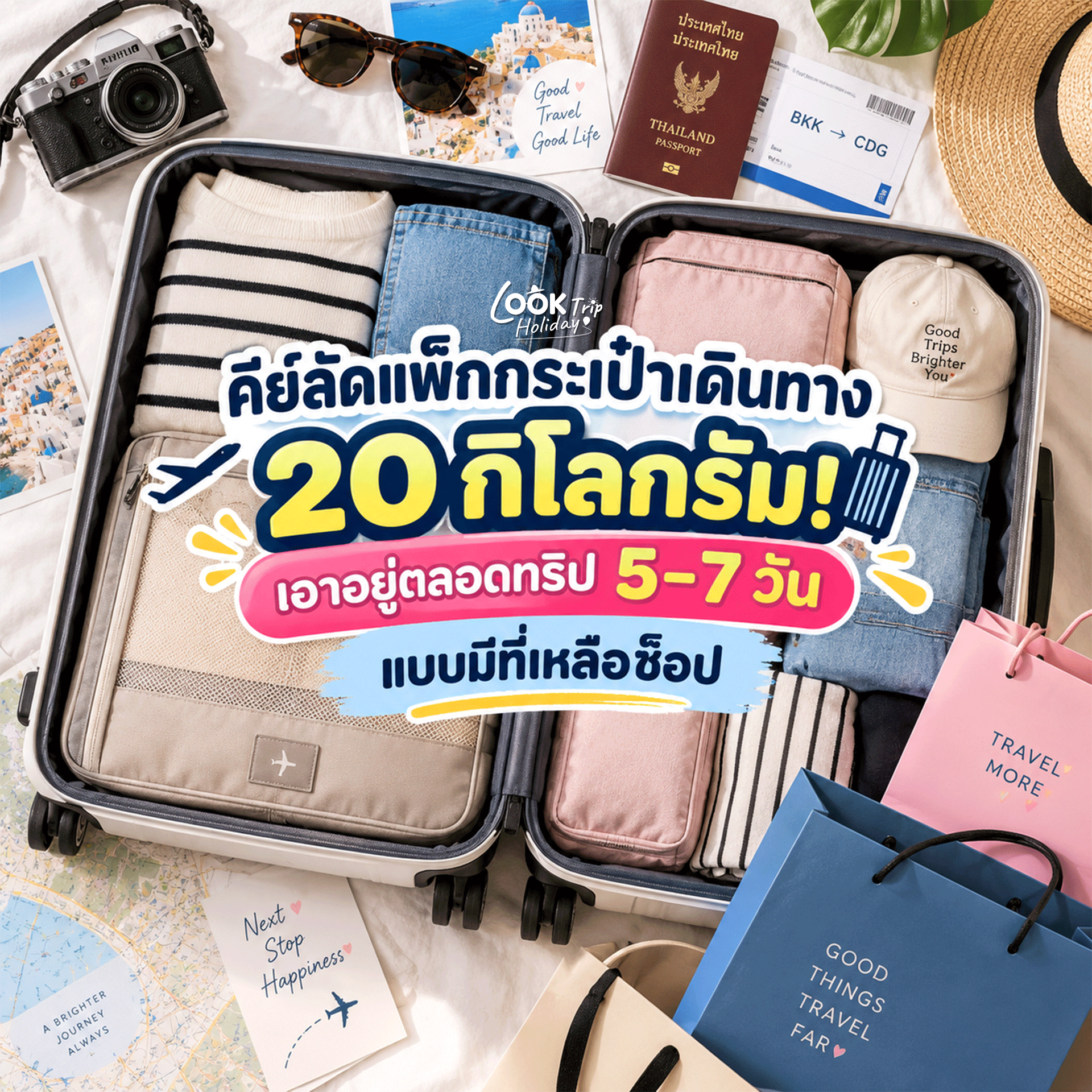 🧳 คีย์ลัดแพ็กกระเป๋าเดินทาง 20 กิโลกรัม! เอาอยู่ตลอดทริป 5–7 วัน แบบมีที่เหลือช็อป